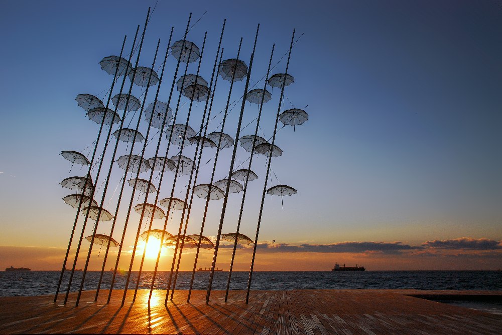 'The Umbrellas', Thessaloniki Waterfront: An iconic blend of art and sea.